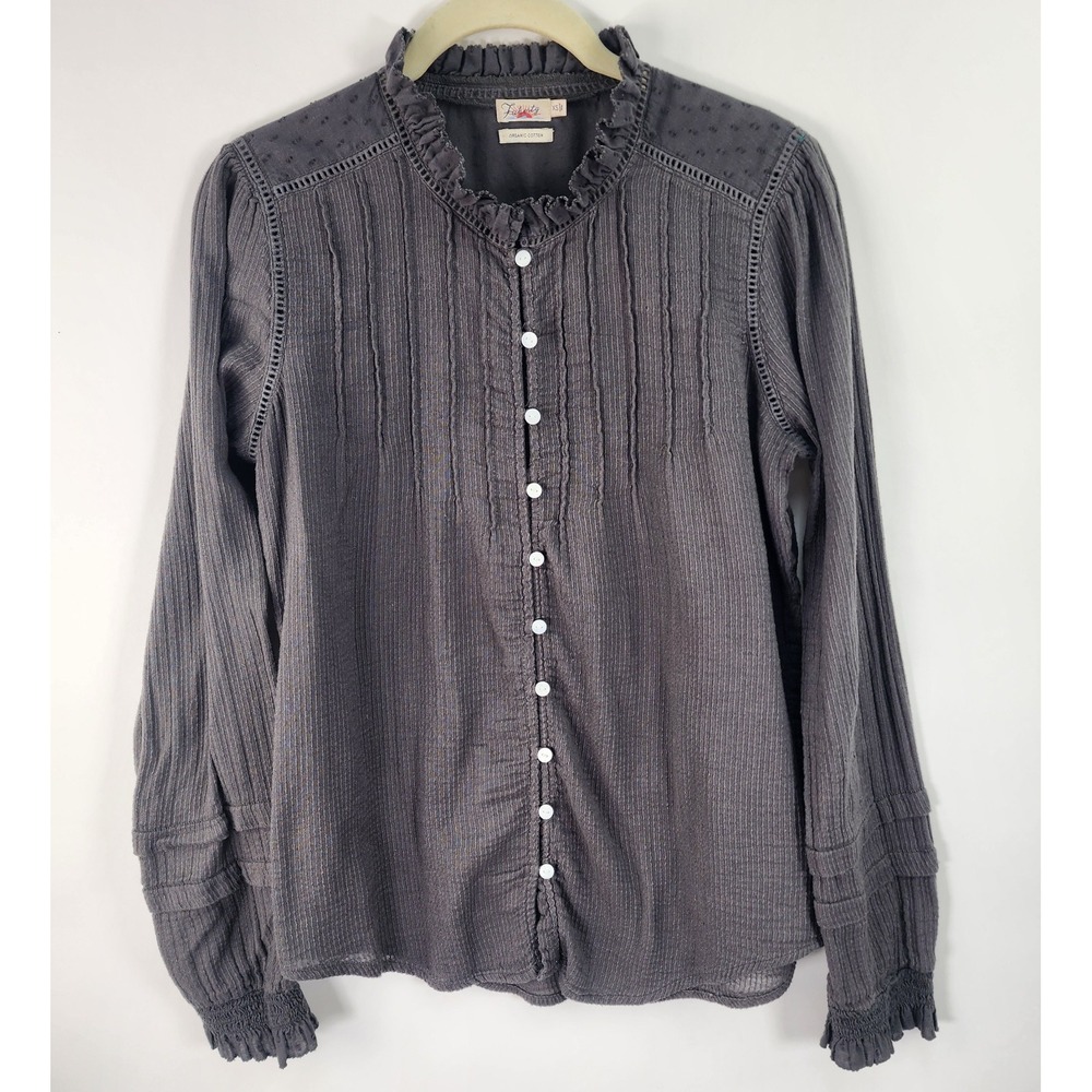 Faherty Top Women's XS Gray Organic Cotton Willa Ruffle Swiss Dot Blouse Pintuck
